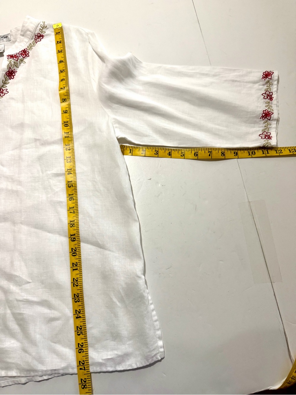 White Linen Floral Embroidered Top Size 16 Boho Peasant Tunic Breathable Summer - Picture 11 of 11